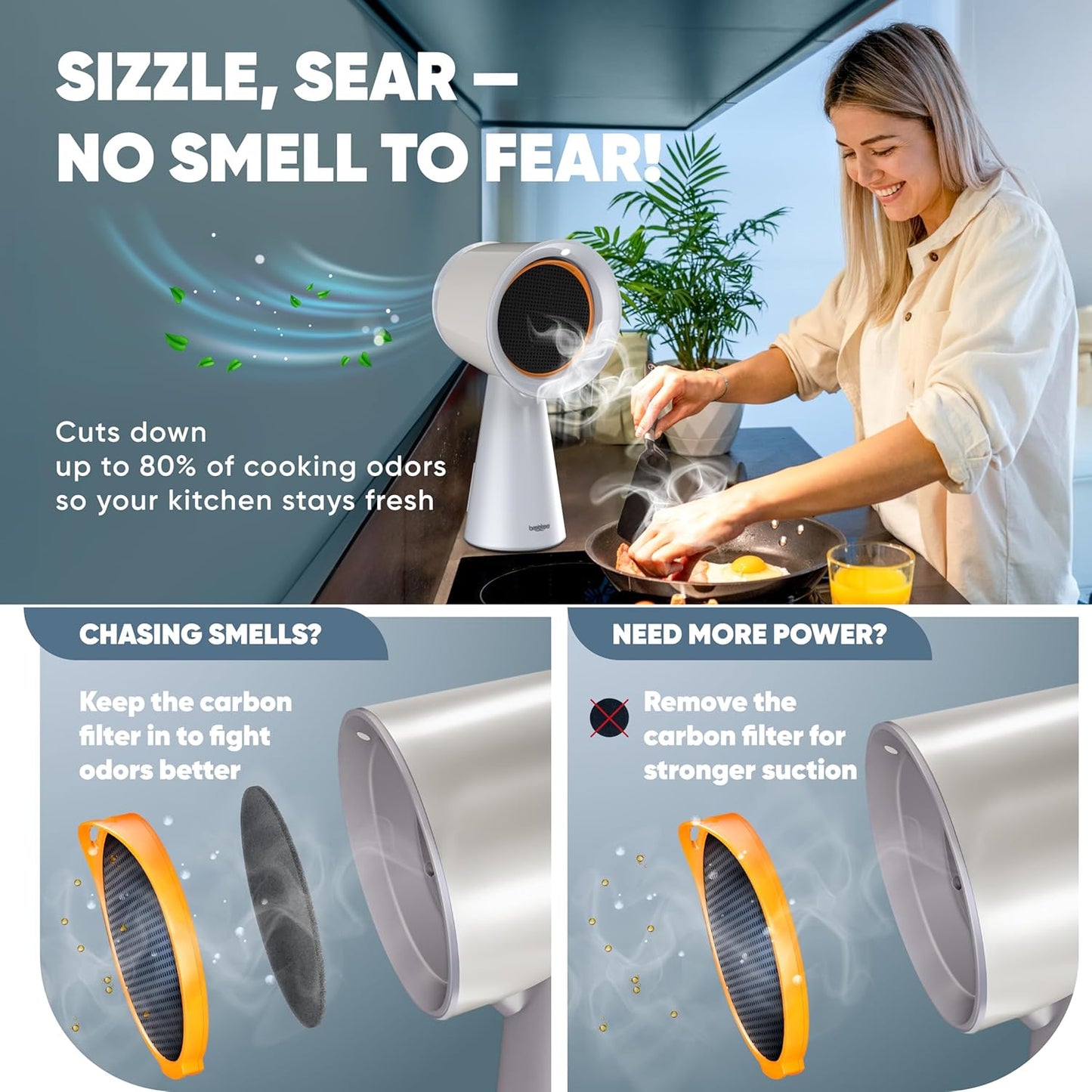 Compact Portable Range Hood - Powerful 3-Speed, Low Noise, Multi-Layer Filtration with Large Oil Cup