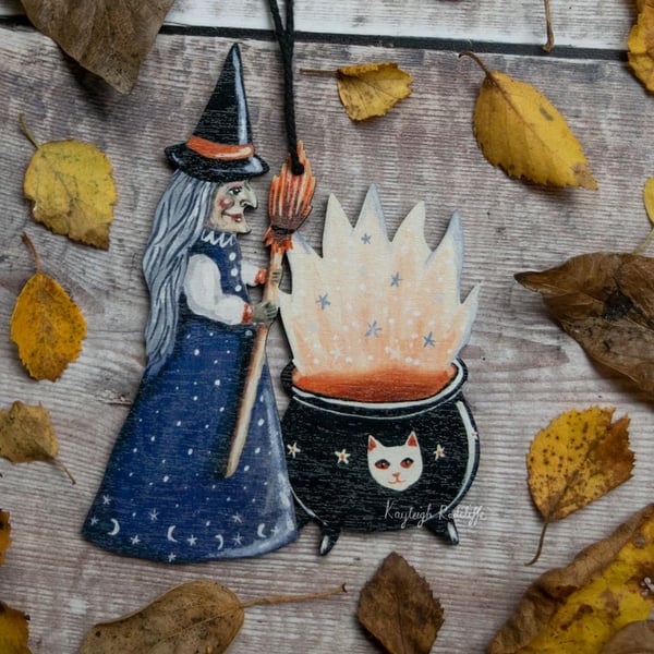🎃Halloween Wooden witch with a cauldron hanging ornament