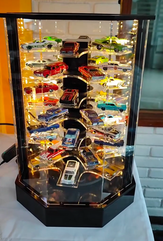 Rotating display stand accommodates 32/42 miniature models in 1:64 scale - Features lighting and motor