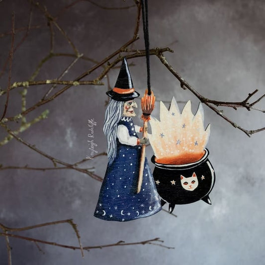 🎃Halloween Wooden witch with a cauldron hanging ornament